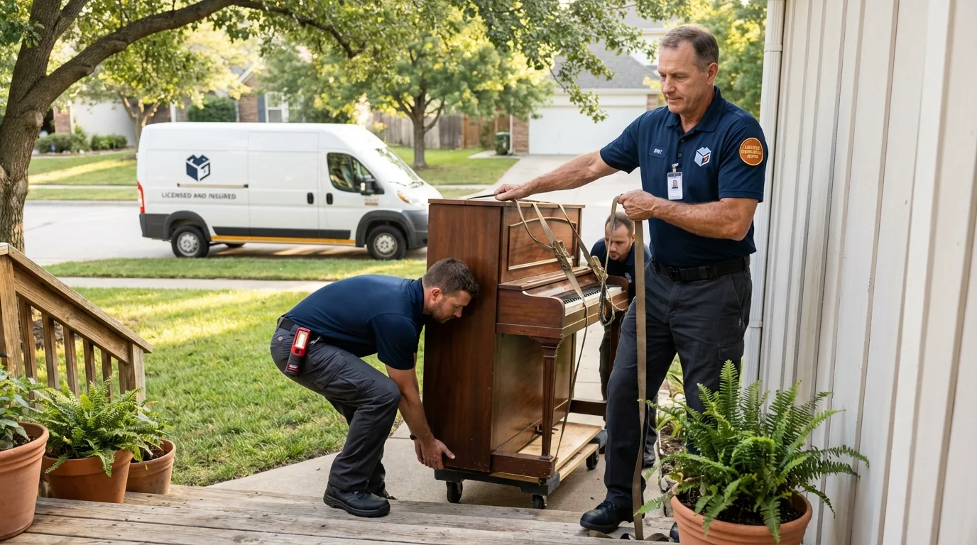 Licensed piano movers securing grand piano in Hackettstown, NJ