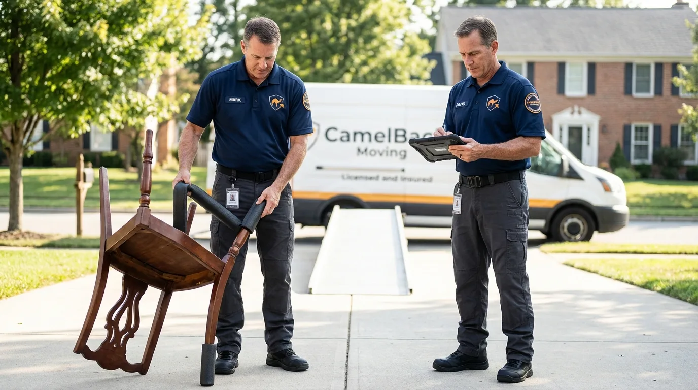Movers inspecting furniture for damage prevention before loading in Hackettstown, NJ
